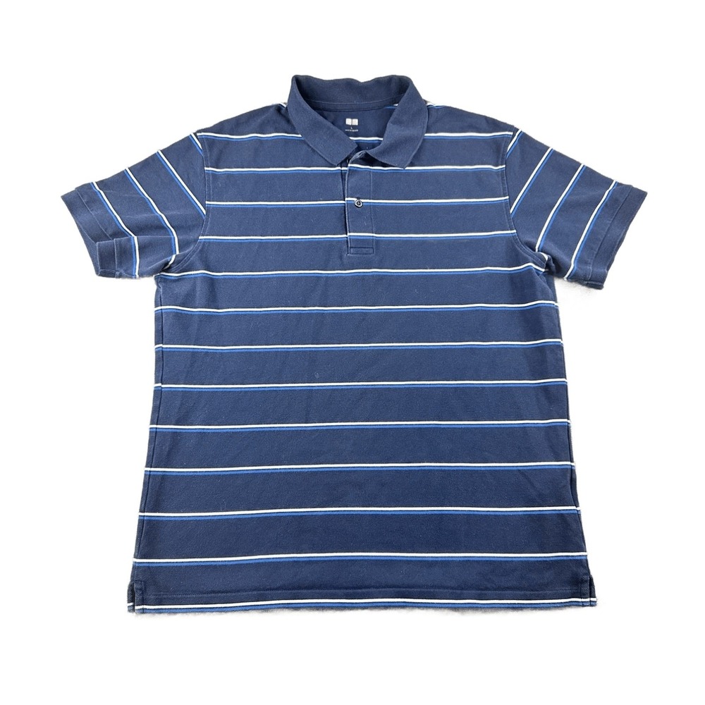 Uniqlo Polo Shirt Men L Blue Striped Cotton Blend Short Sleeve Tennis Preppy